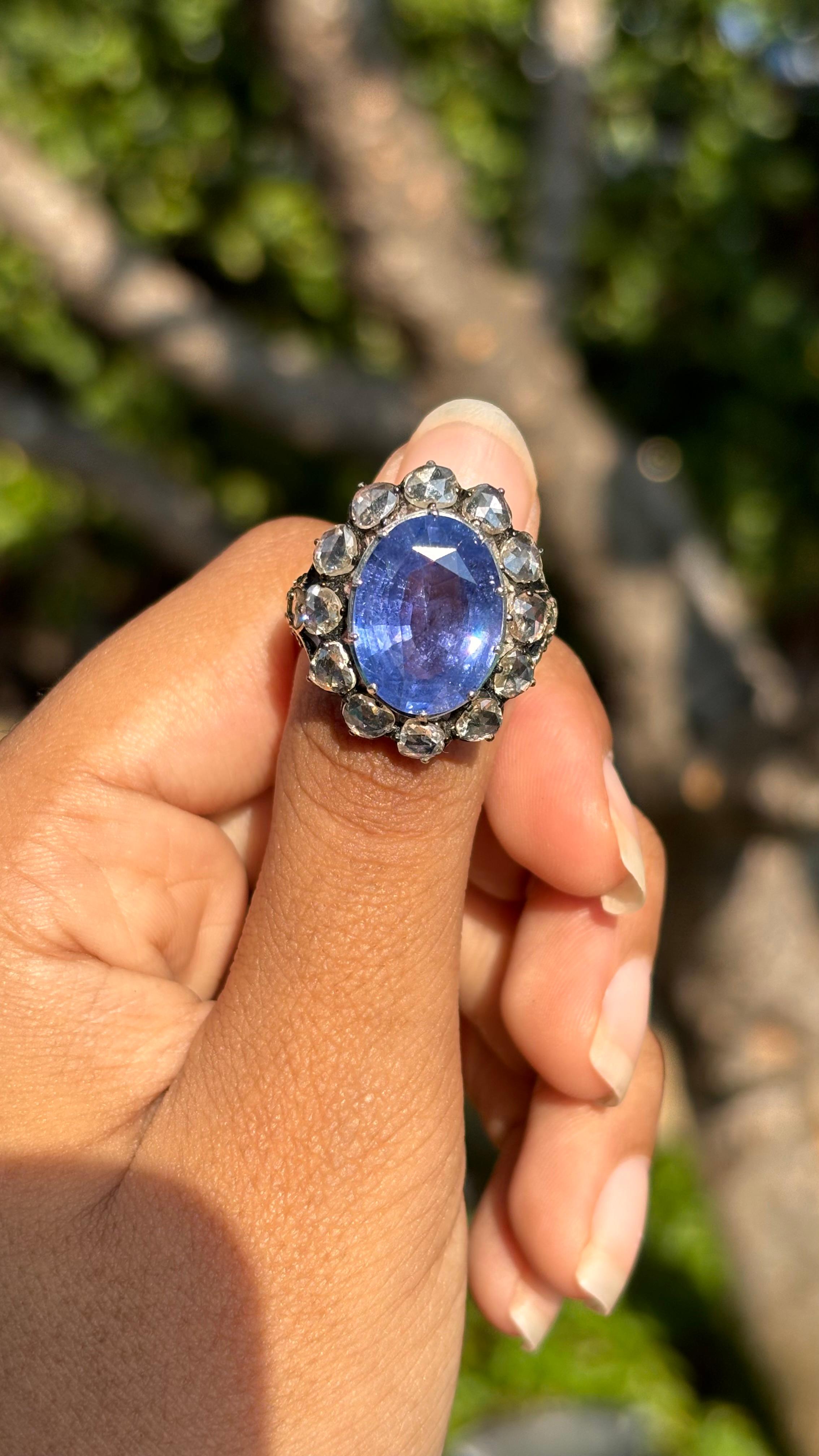 Ceylon Saphir 9,12 Karat Art Deco inspirierter Ring mit Diamanten im Rosenschliff im Rosenschliff 7