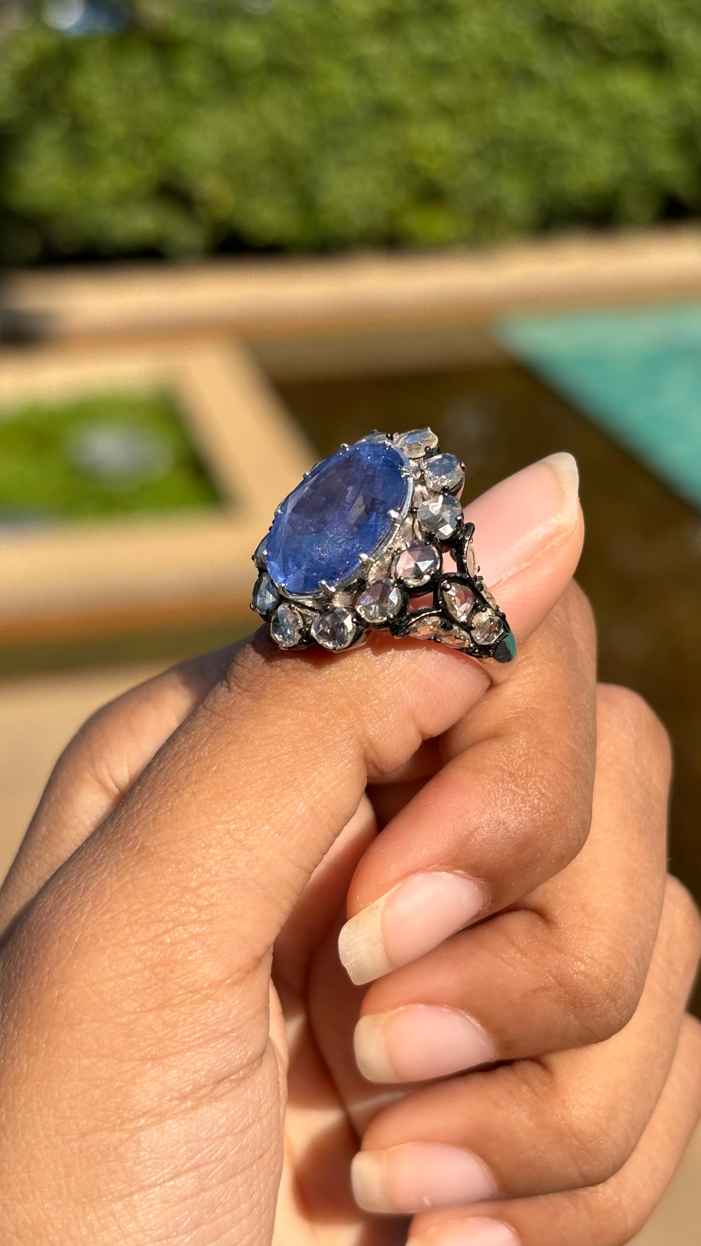 Ceylon Sapphire 9.12 Carat Art Deco Inspired Ring with Rose Cut Diamonds For Sale 9