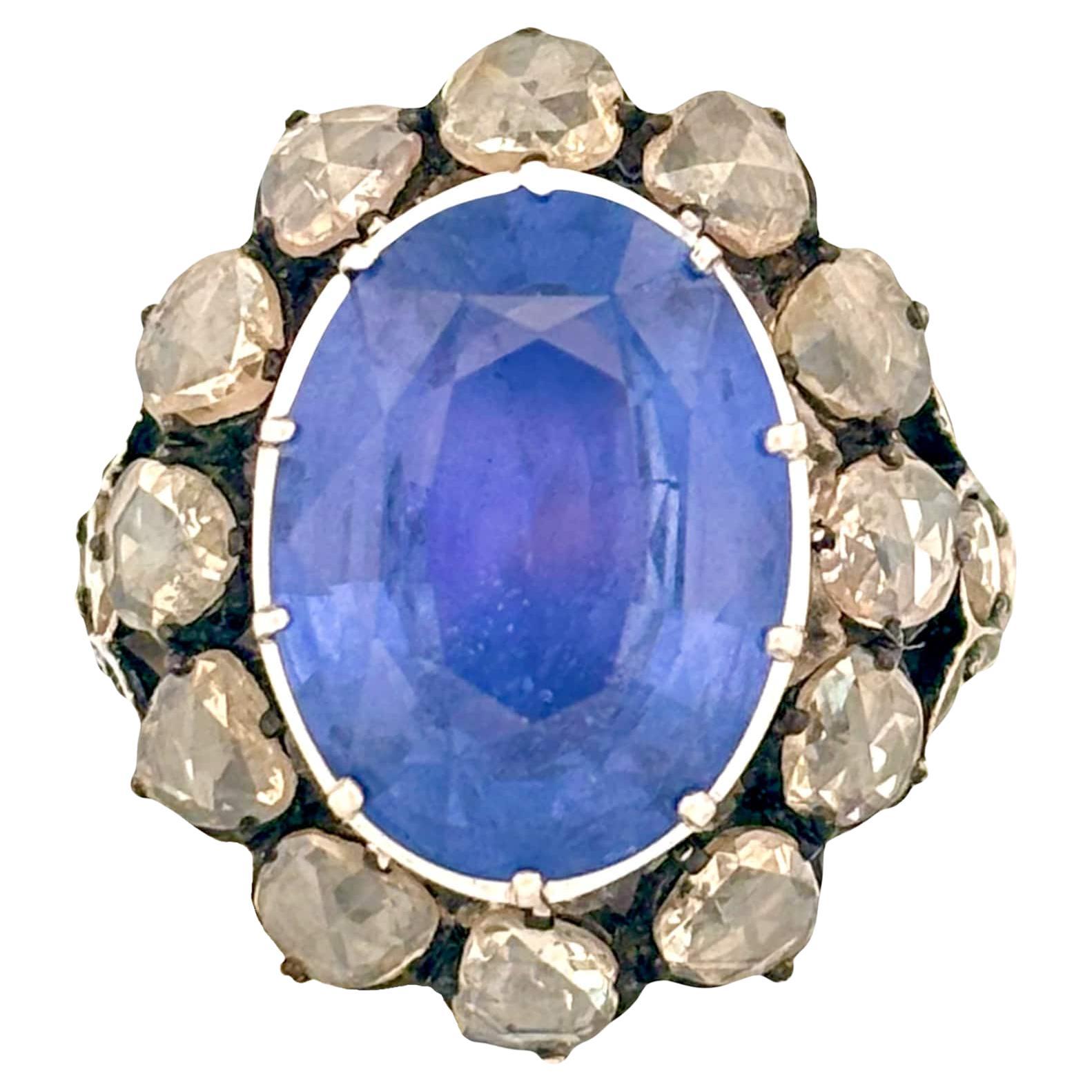 Ceylon Sapphire 9.12 Carat Art Deco Inspired Ring with Rose Cut Diamonds For Sale