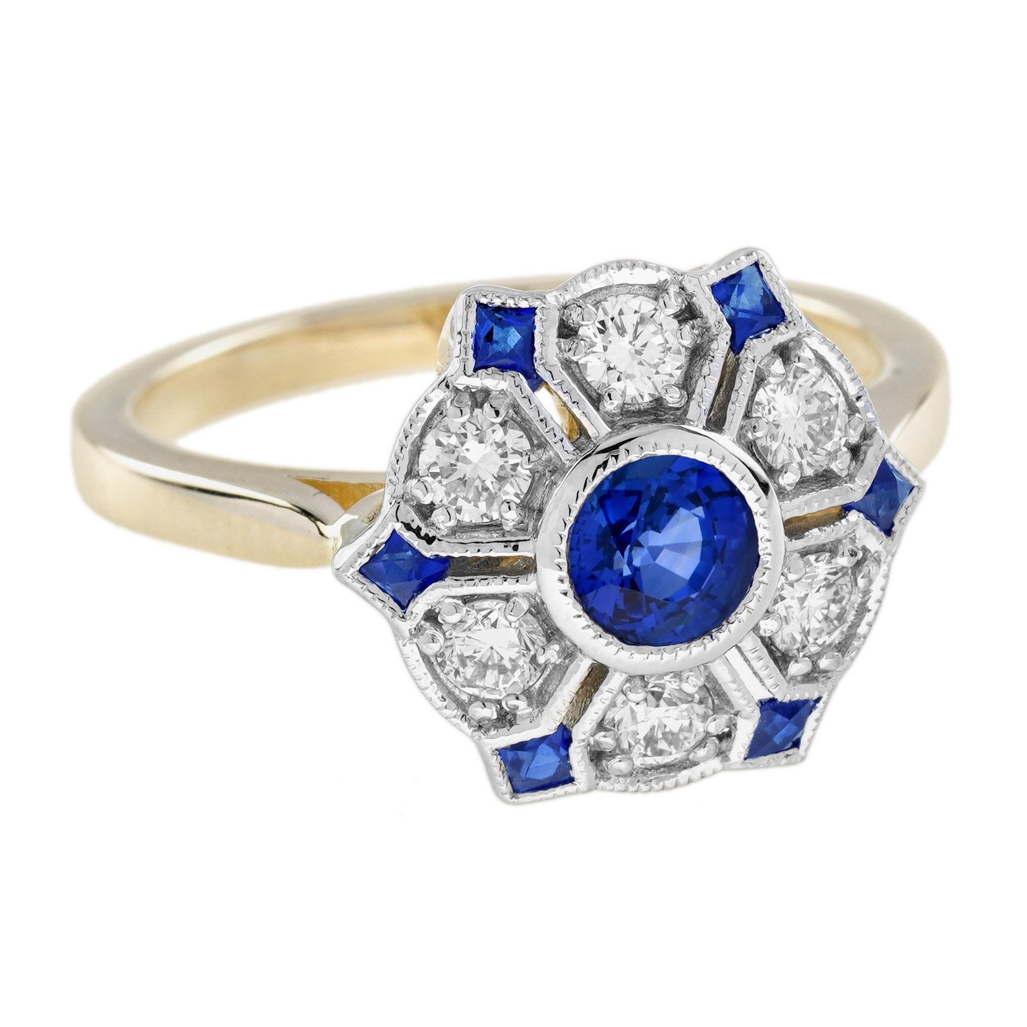 Ceylon Saphir und Diamant Antique Style Floral Cluster Ring in 18K zwei Tone gehen (Rundschliff) im Angebot