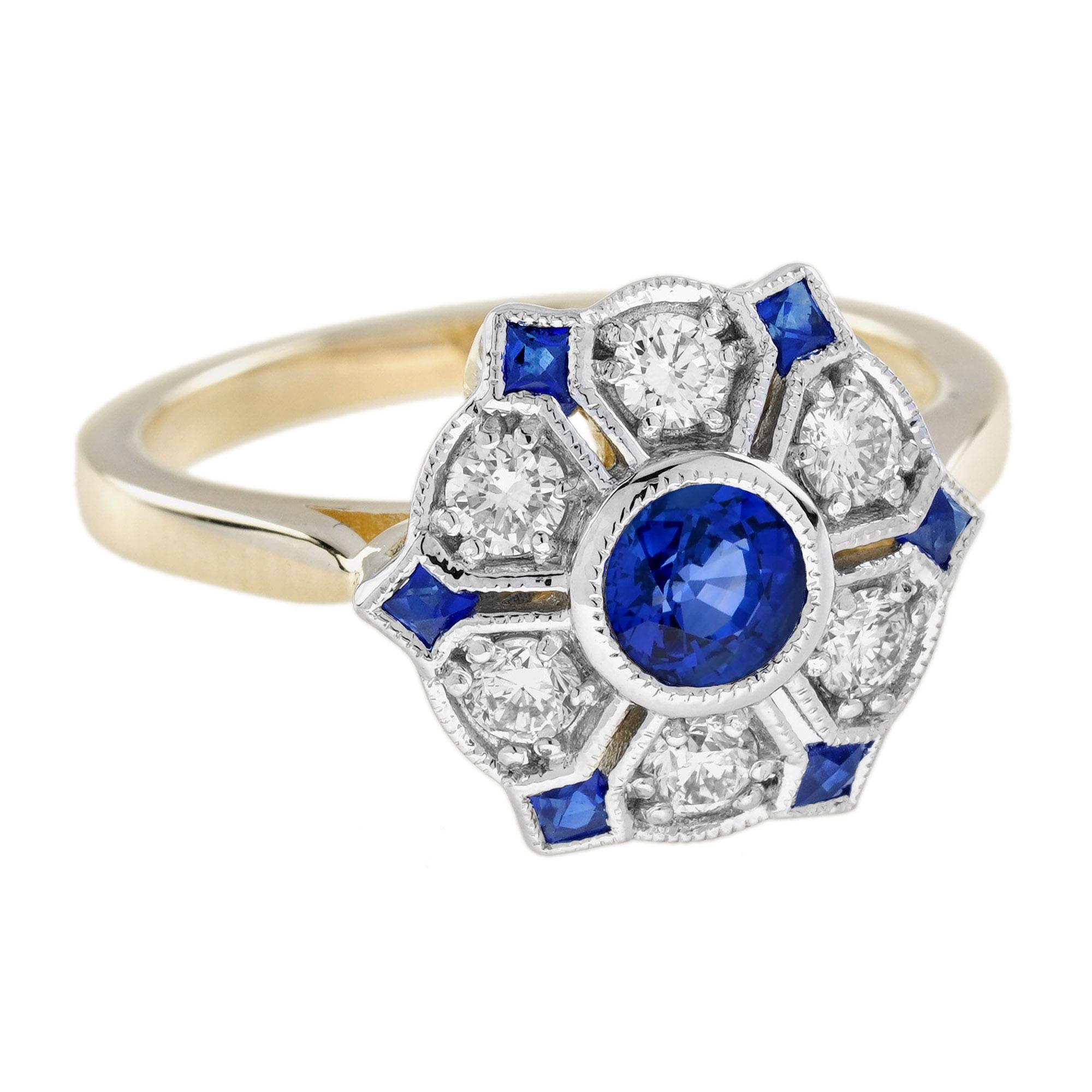 Round Cut Ceylon Sapphire and Diamond Antique Style Floral Cluster Ring in 18K Two Tone Go For Sale