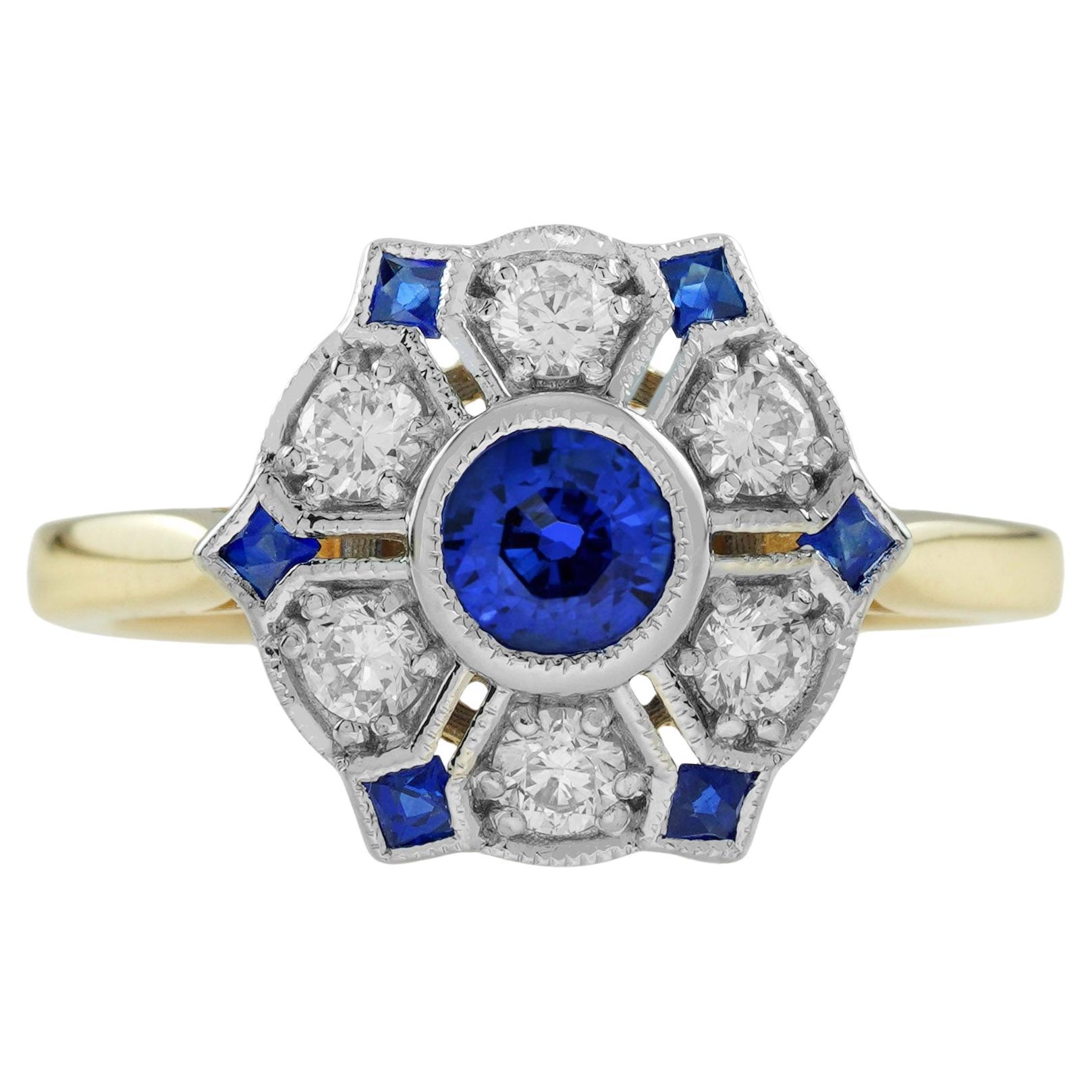 Ceylon Sapphire and Diamond Antique Style Floral Cluster Ring in 18K Two Tone Go