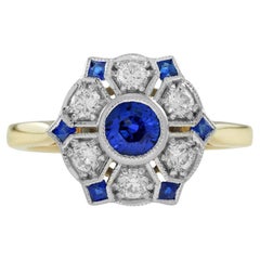 Ceylon Sapphire and Diamond Antique Style Floral Cluster Ring in 18K Two Tone Go