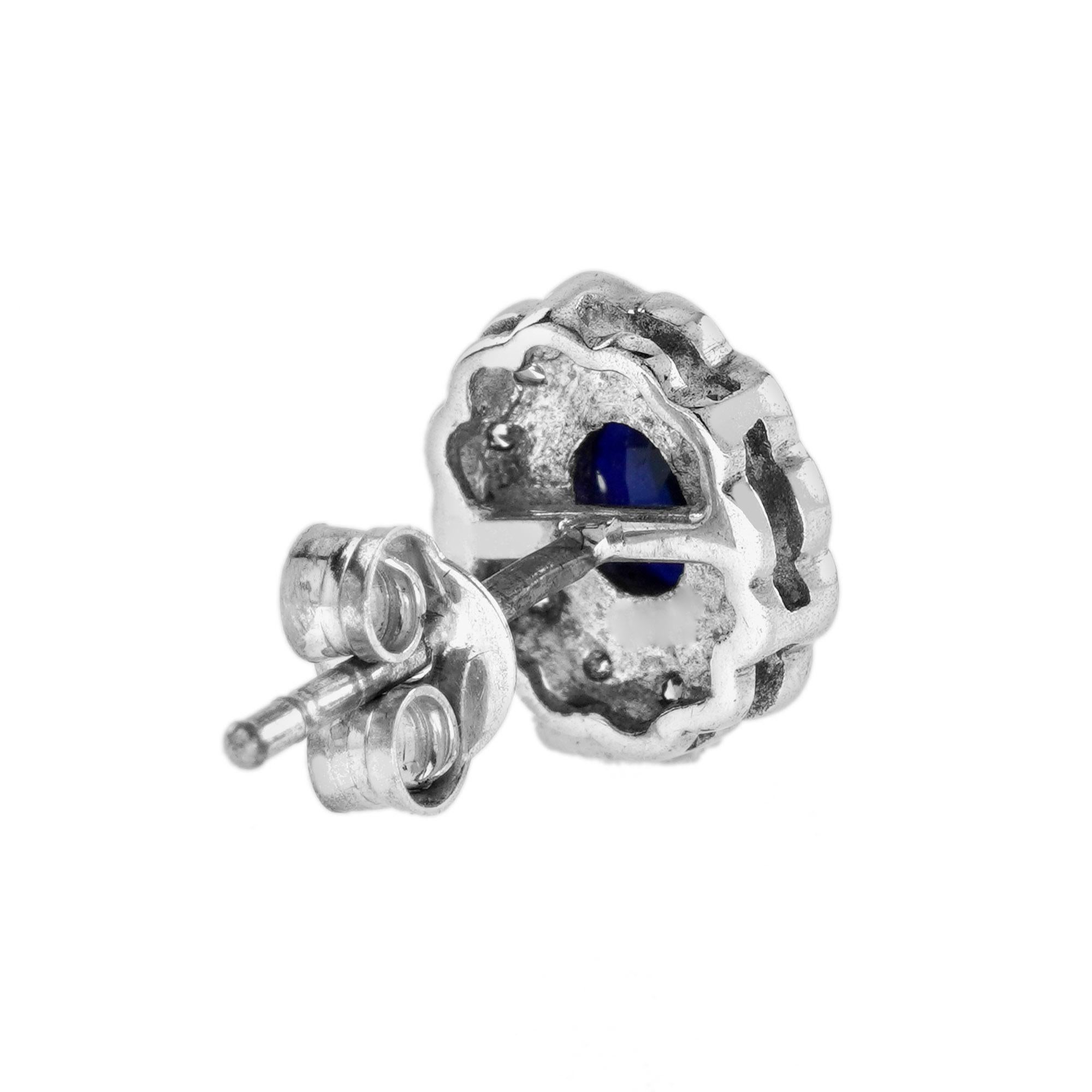Oval Cut Ceylon Sapphire and Diamond Antique Style Floral Stud Earrings in 18K White Gold For Sale