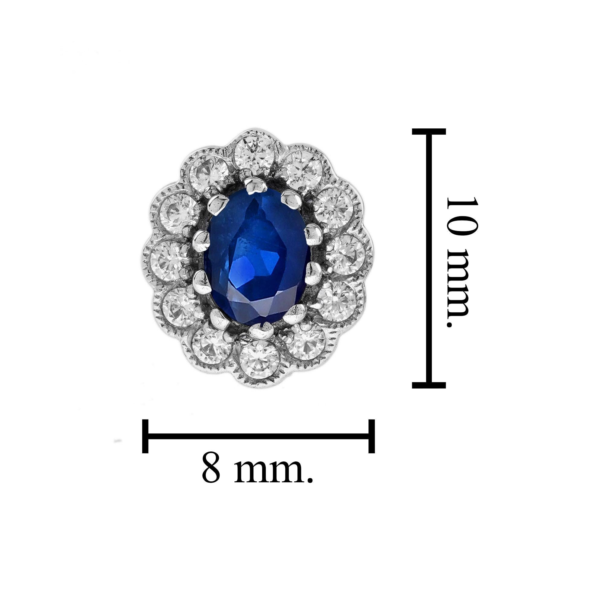Ceylon Sapphire and Diamond Antique Style Floral Stud Earrings in 18K White Gold In New Condition For Sale In Bangkok, TH
