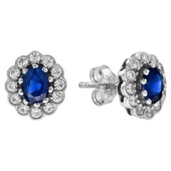 Ceylon Sapphire and Diamond Antique Style Floral Stud Earrings in 18K White Gold