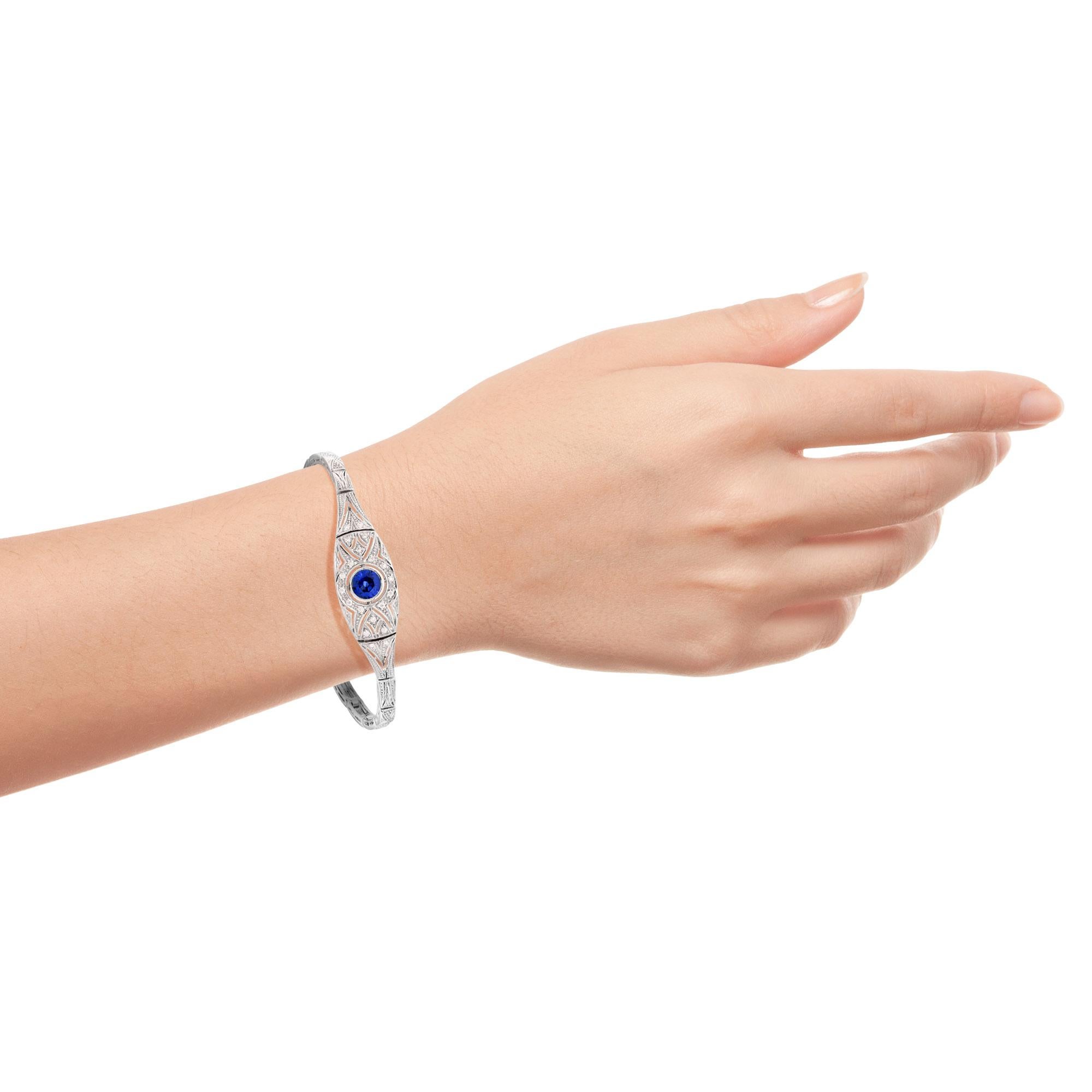 In the center of the bracelet is an approx. 1.2 carat round  blue sapphire that is the most wonderful blue in color. Highlighting the bracelet even more are a further 20 diamonds that really give this bracelet an elegant sparkle. The bracelet is