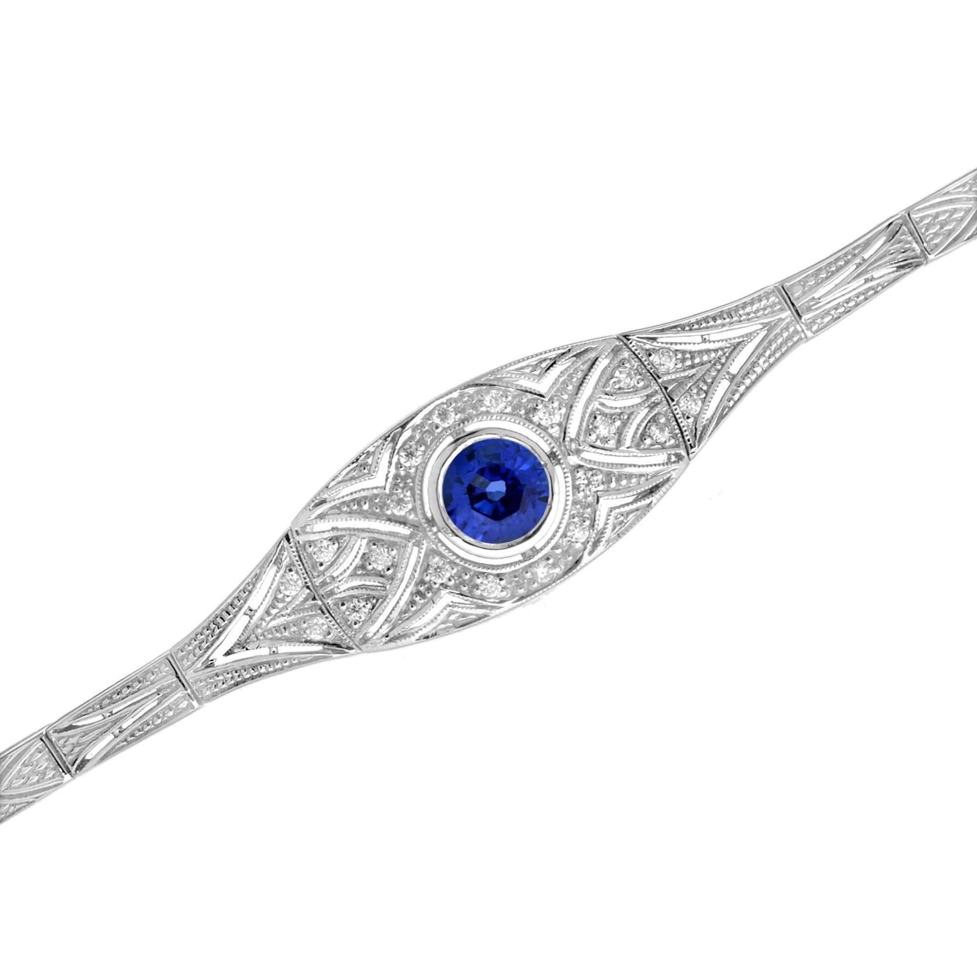 Round Cut Ceylon Sapphire and Diamond Art Deco Style Bracelet in 18K White Gold For Sale