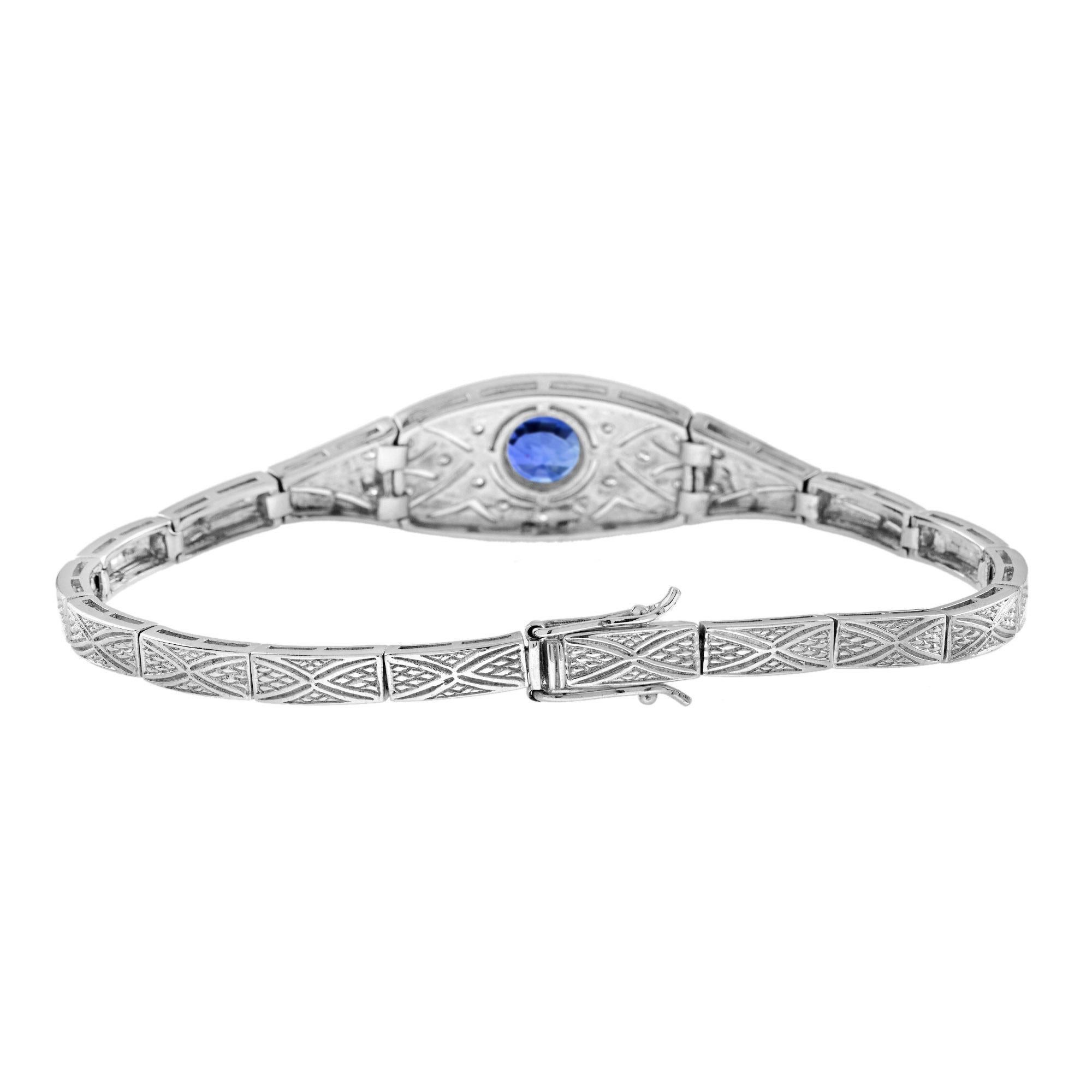 Ceylon Sapphire and Diamond Art Deco Style Bracelet in 18K White Gold In New Condition For Sale In Bangkok, TH