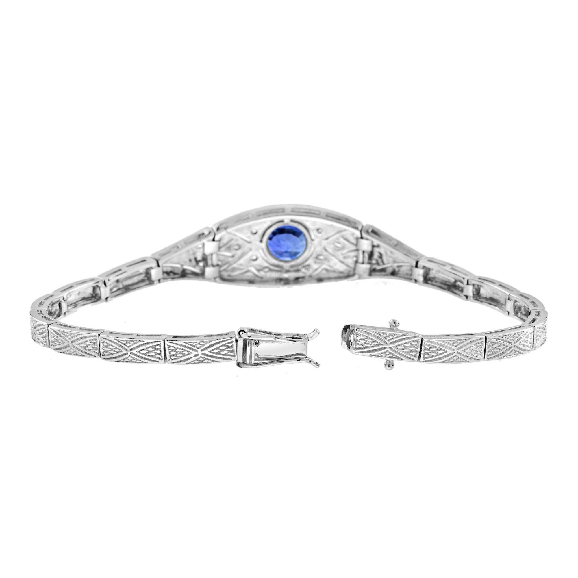 Women's Ceylon Sapphire and Diamond Art Deco Style Bracelet in 18K White Gold For Sale