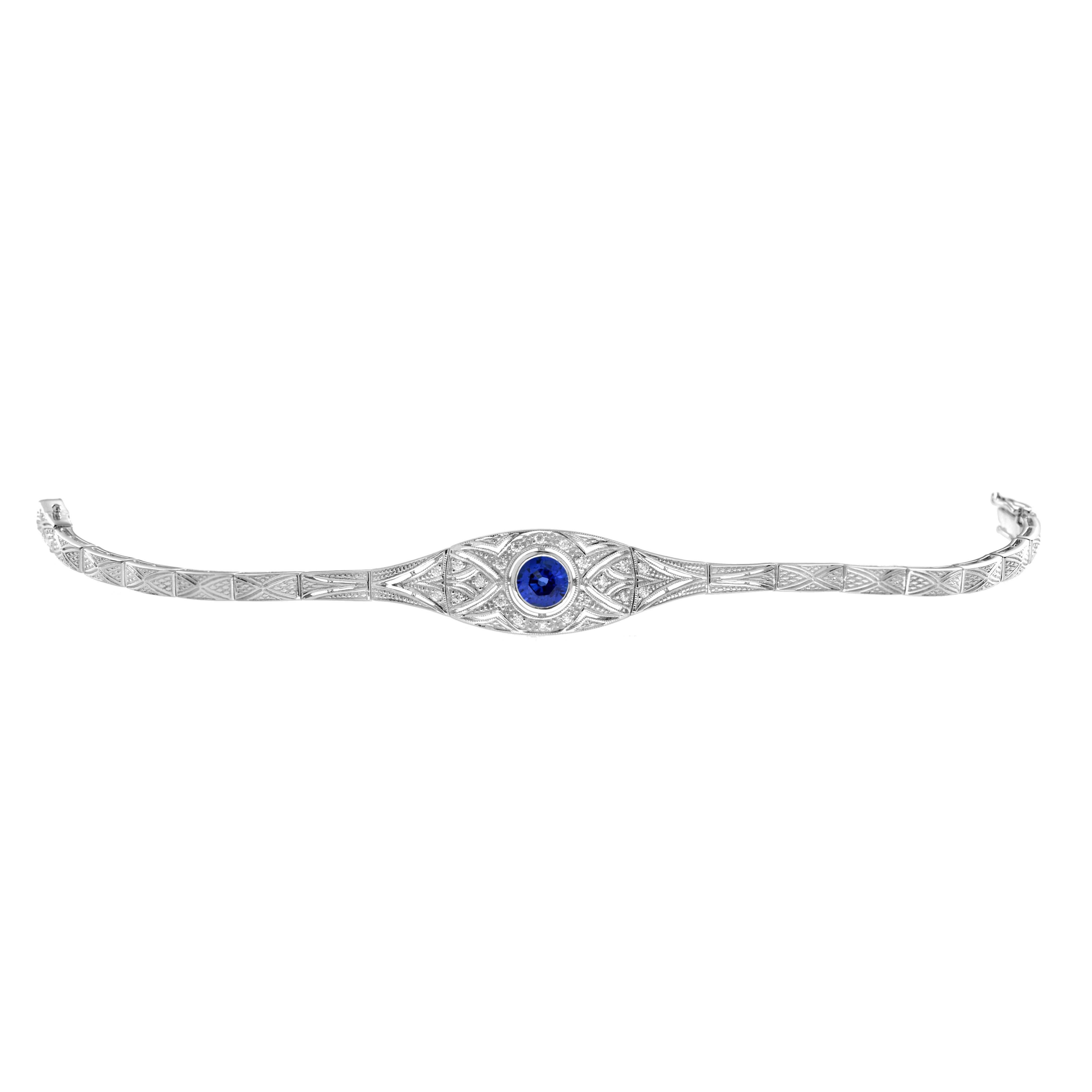 Ceylon Sapphire and Diamond Art Deco Style Bracelet in 18K White Gold For Sale 1