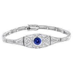 Ceylon Sapphire and Diamond Art Deco Style Bracelet in 18K White Gold