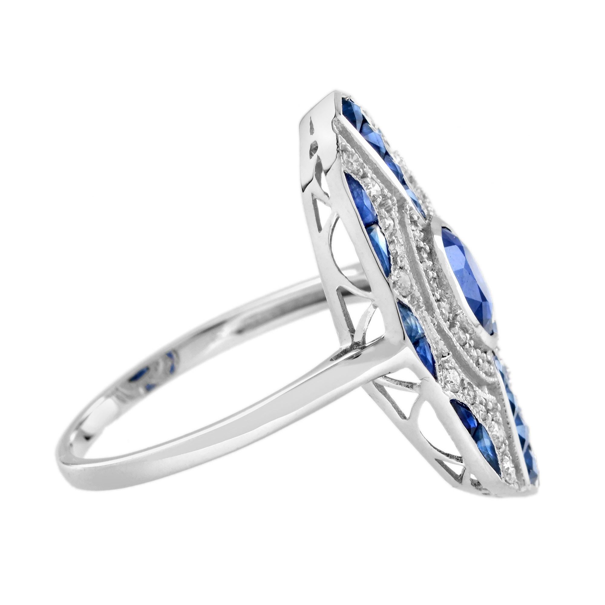 Ceylon Sapphire and Diamond Art Deco Style Dinner Ring in 18K White Gold In New Condition For Sale In Bangkok, TH