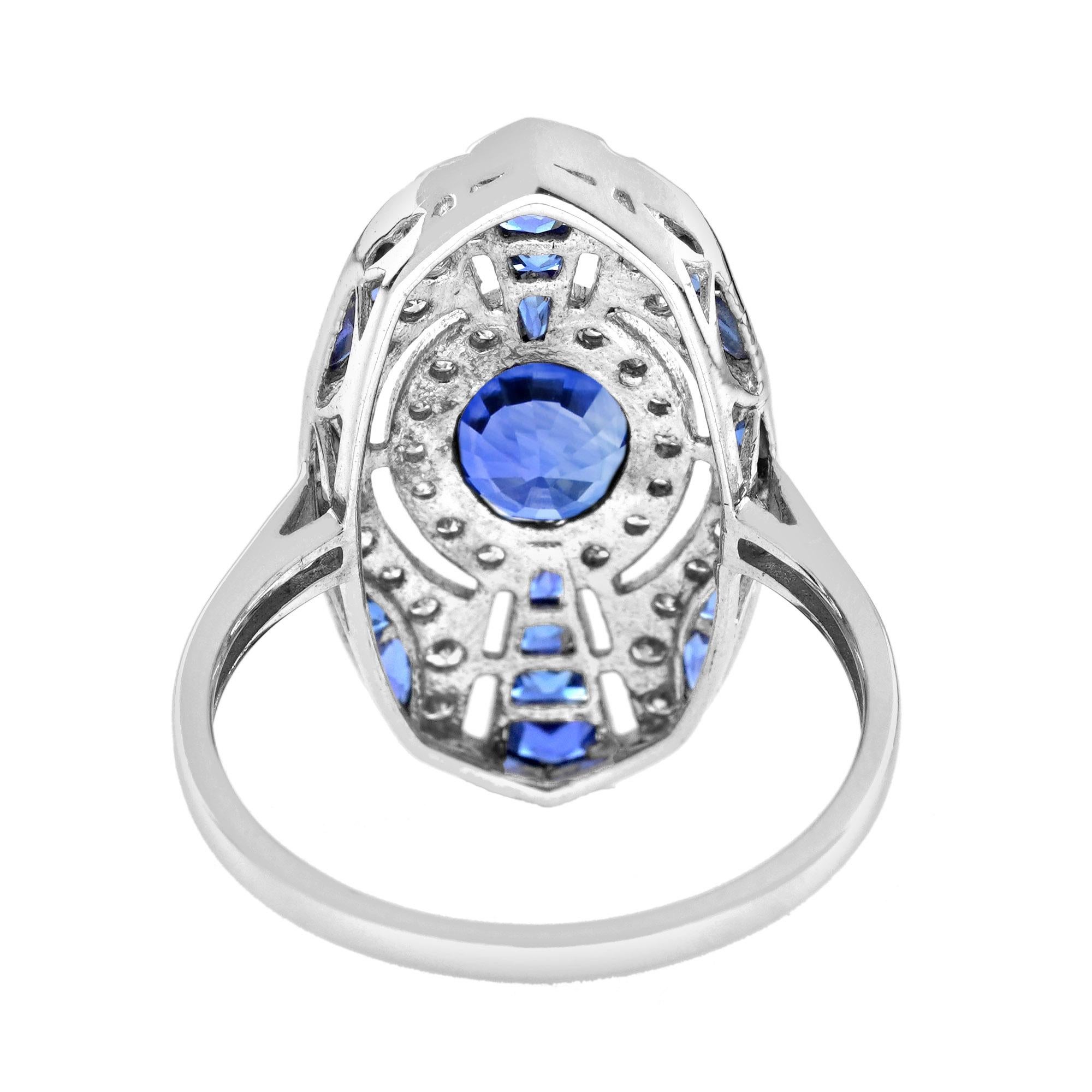 Women's Ceylon Sapphire and Diamond Art Deco Style Dinner Ring in 18K White Gold For Sale