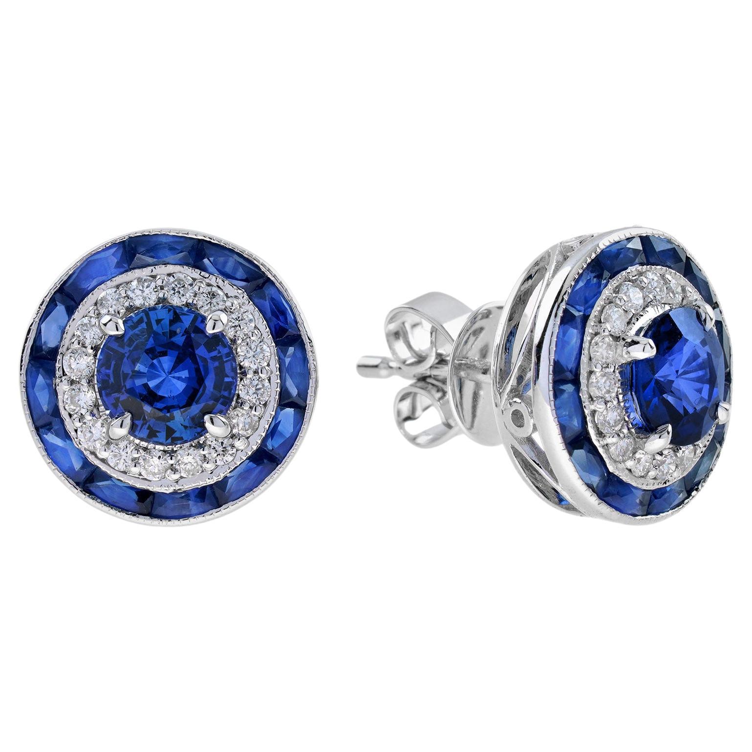 Ceylon Sapphire and Diamond Art Deco Style Double Halo Stud Earrings in 18K Gold For Sale