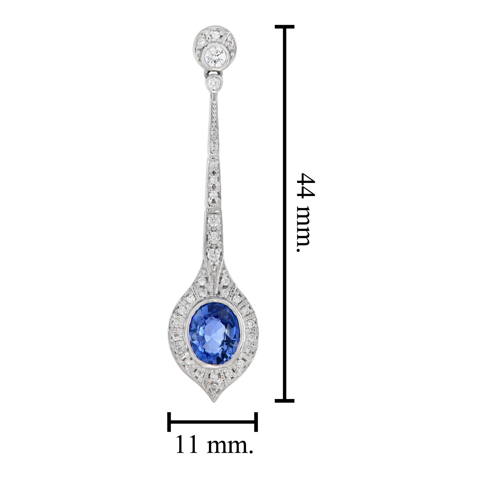 Boucles d'oreilles pendantes en or blanc 18 carats avec saphirs de Ceylan et diamants de style Art déco en vente 1