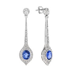 Ceylon Sapphire and Diamond Art Deco Style Drop Earrings in 18K White Gold