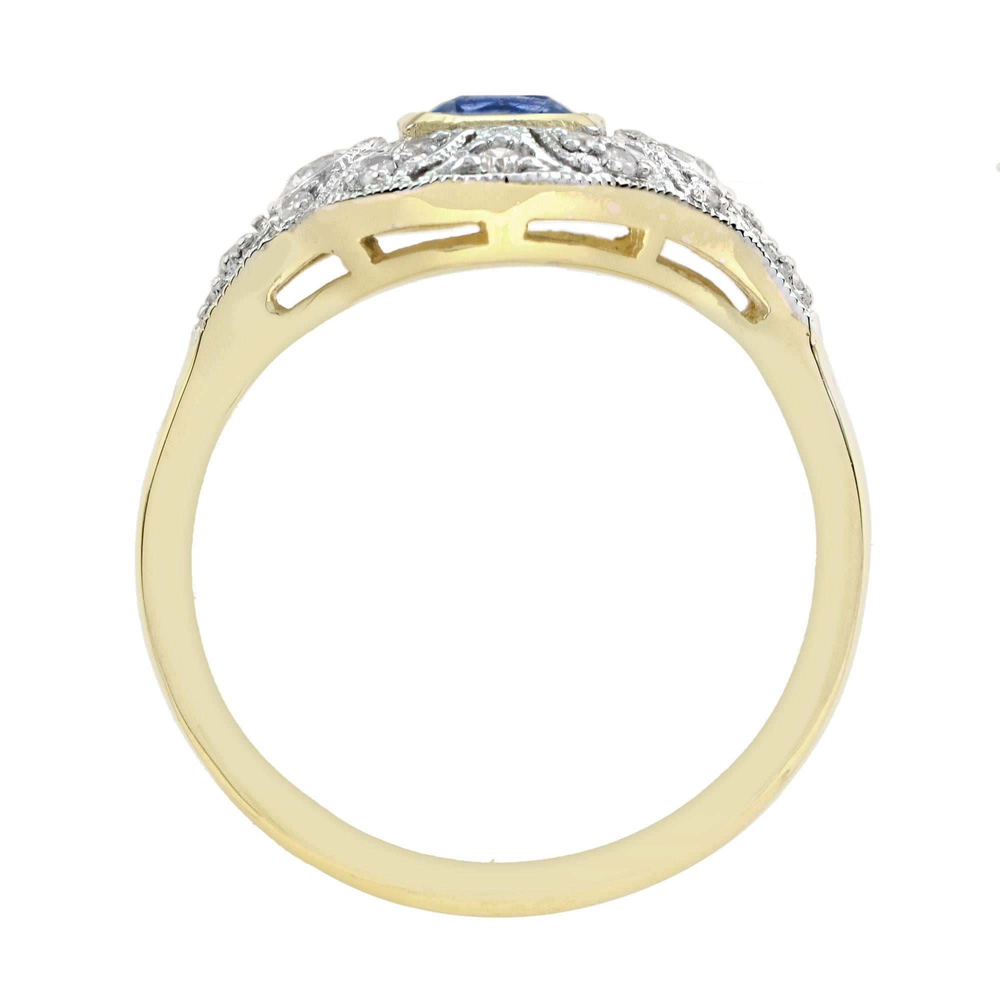 Anillo de compromiso de zafiro de Ceilán y diamantes estilo Art Decó en oro de dos tonos de 14 quilates en venta 1
