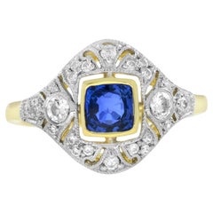 Ceylon Sapphire and Diamond Art Deco Style Engagement Ring in 14K Two Tone Gold