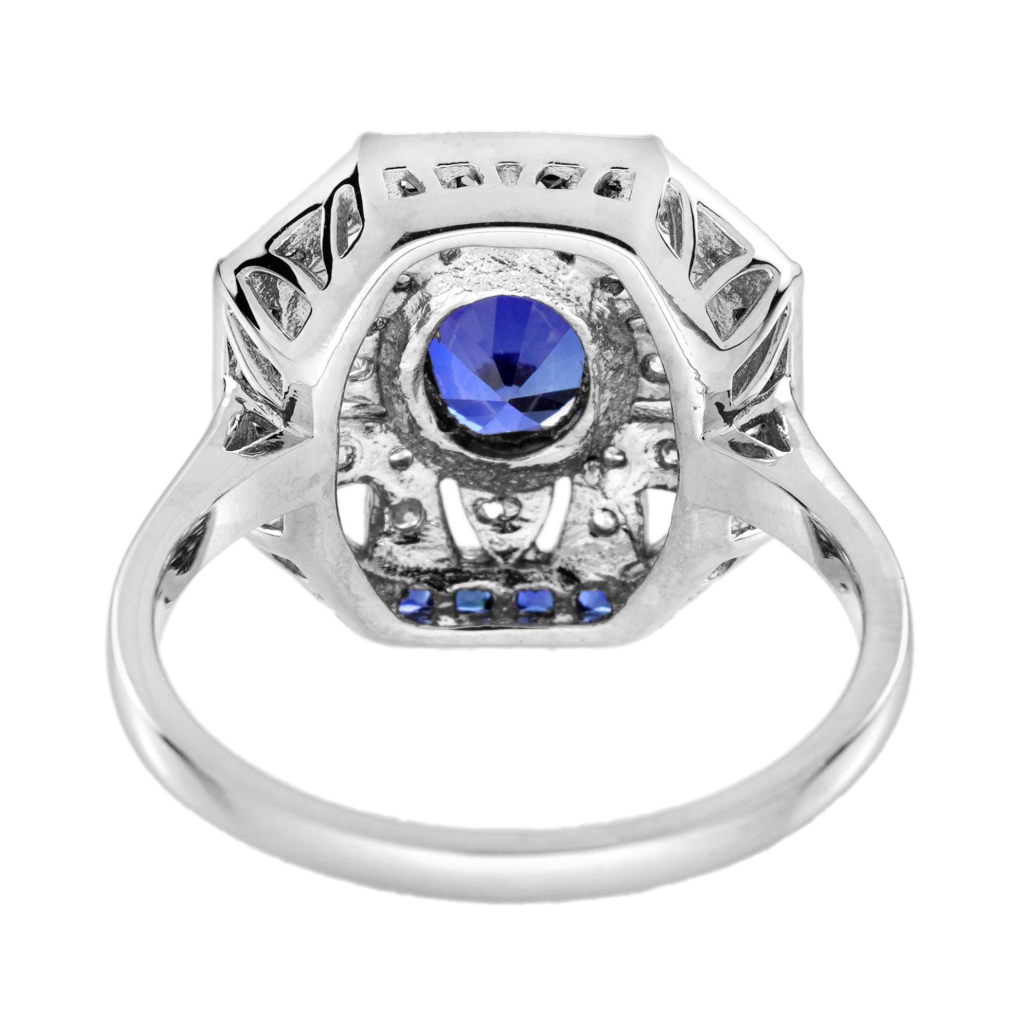 Ceylon Sapphire and Diamond Art Deco Style Engagement Ring in 18K White Gold In New Condition For Sale In Bangkok, TH