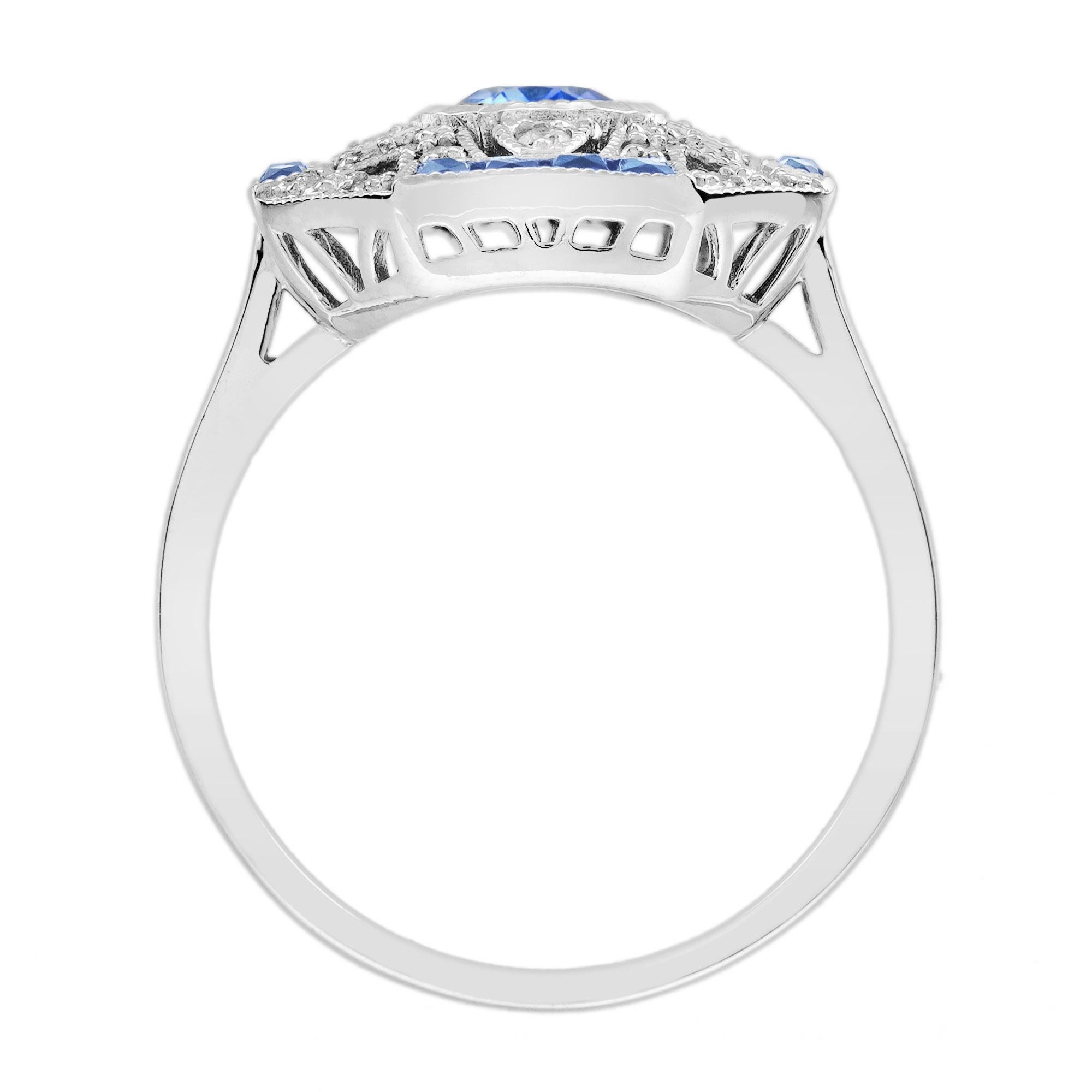 Women's Ceylon Sapphire and Diamond Art Deco Style Engagement Ring in 18K White Gold For Sale
