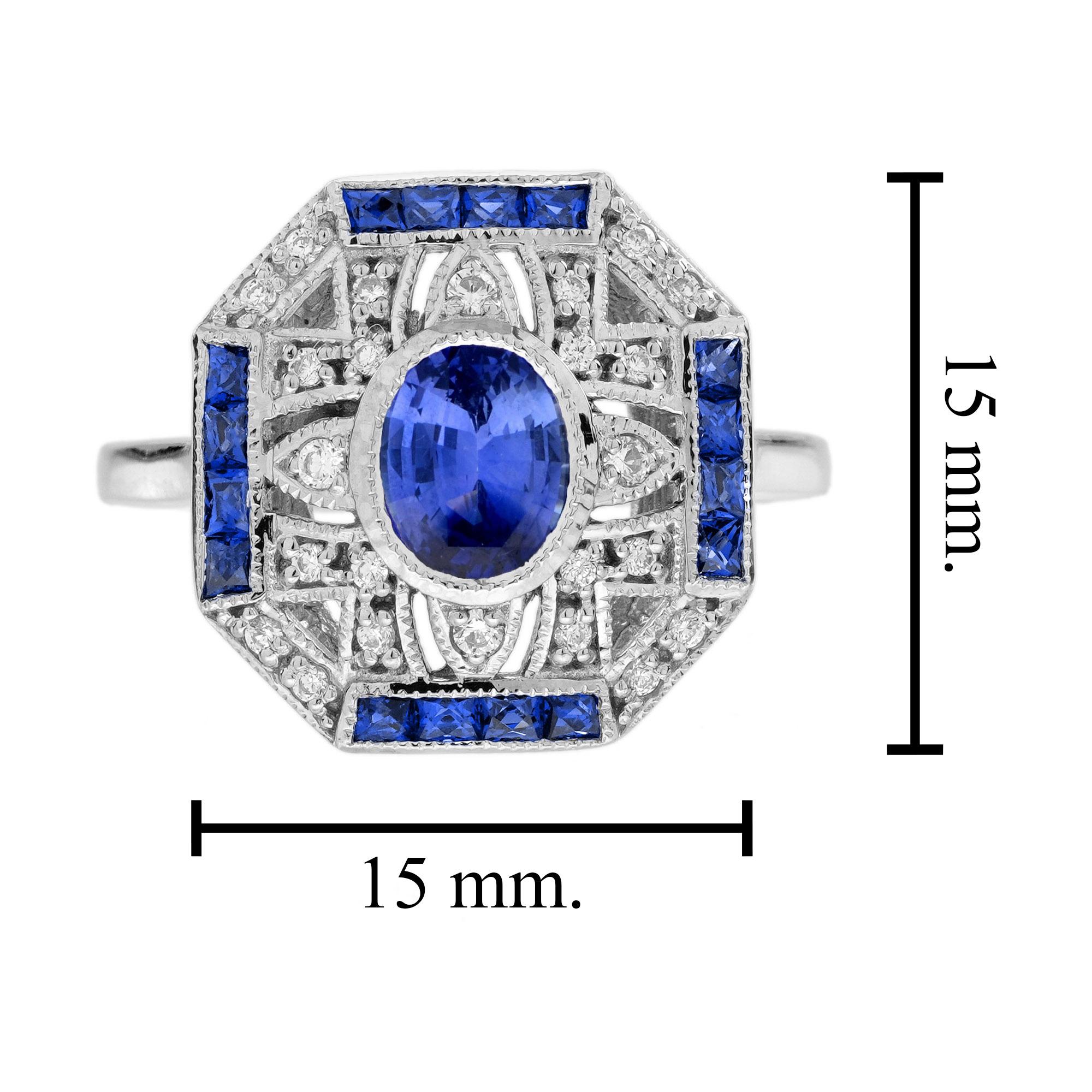 Ceylon Sapphire and Diamond Art Deco Style Engagement Ring in 18K White Gold For Sale 1