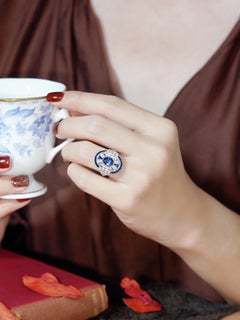 Bague de fiançailles de style Art déco en or blanc 18 carats avec saphir de Ceylan et diamants