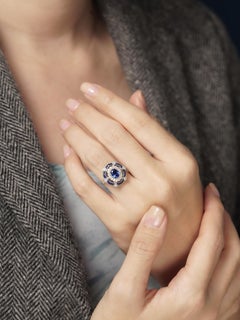 Ceylon Sapphire and Diamond Art Deco Style Engagement Ring in 18K White Gold