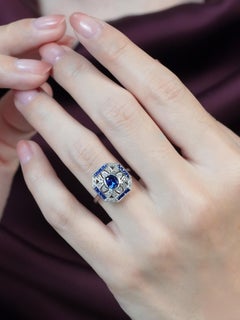 Ceylon Sapphire and Diamond Art Deco Style Engagement Ring in 18K White Gold