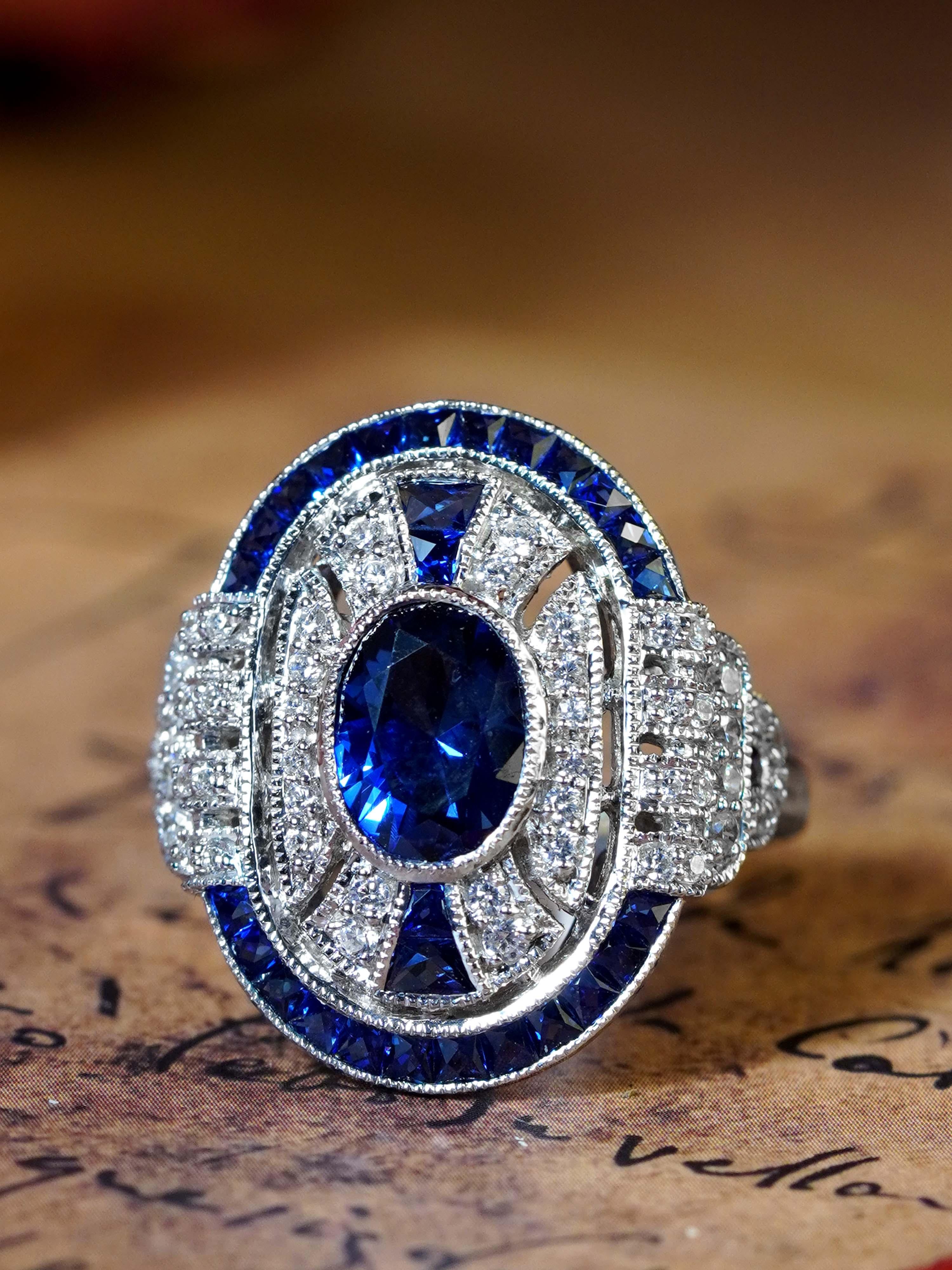 Taglio ovale Anello di fidanzamento in stile Art Deco con zaffiro di Ceylon e diamanti in oro bianco 18 carati in vendita
