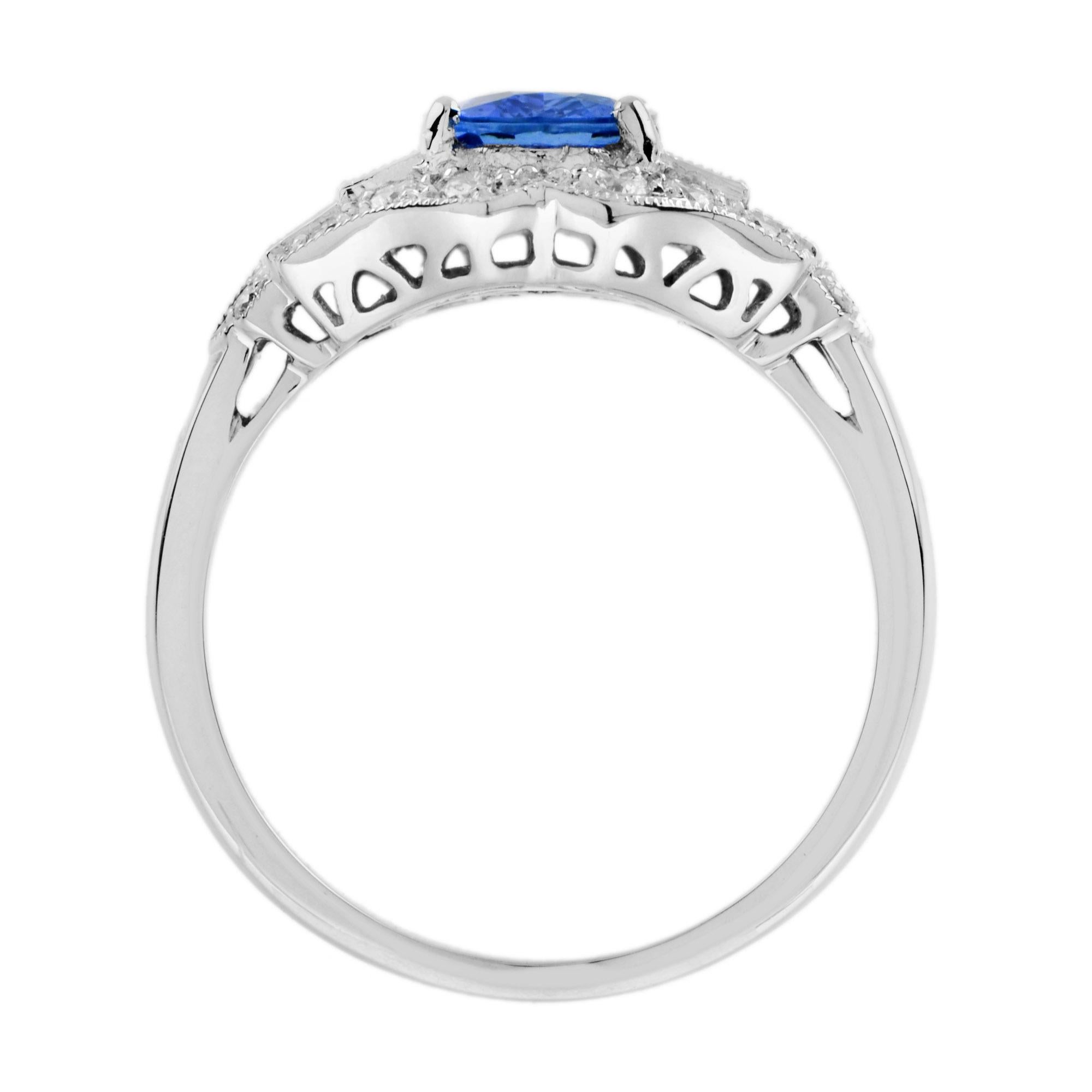 Ceylon Sapphire and Diamond Art Deco Style Engagement Ring in 18k White Gold 3