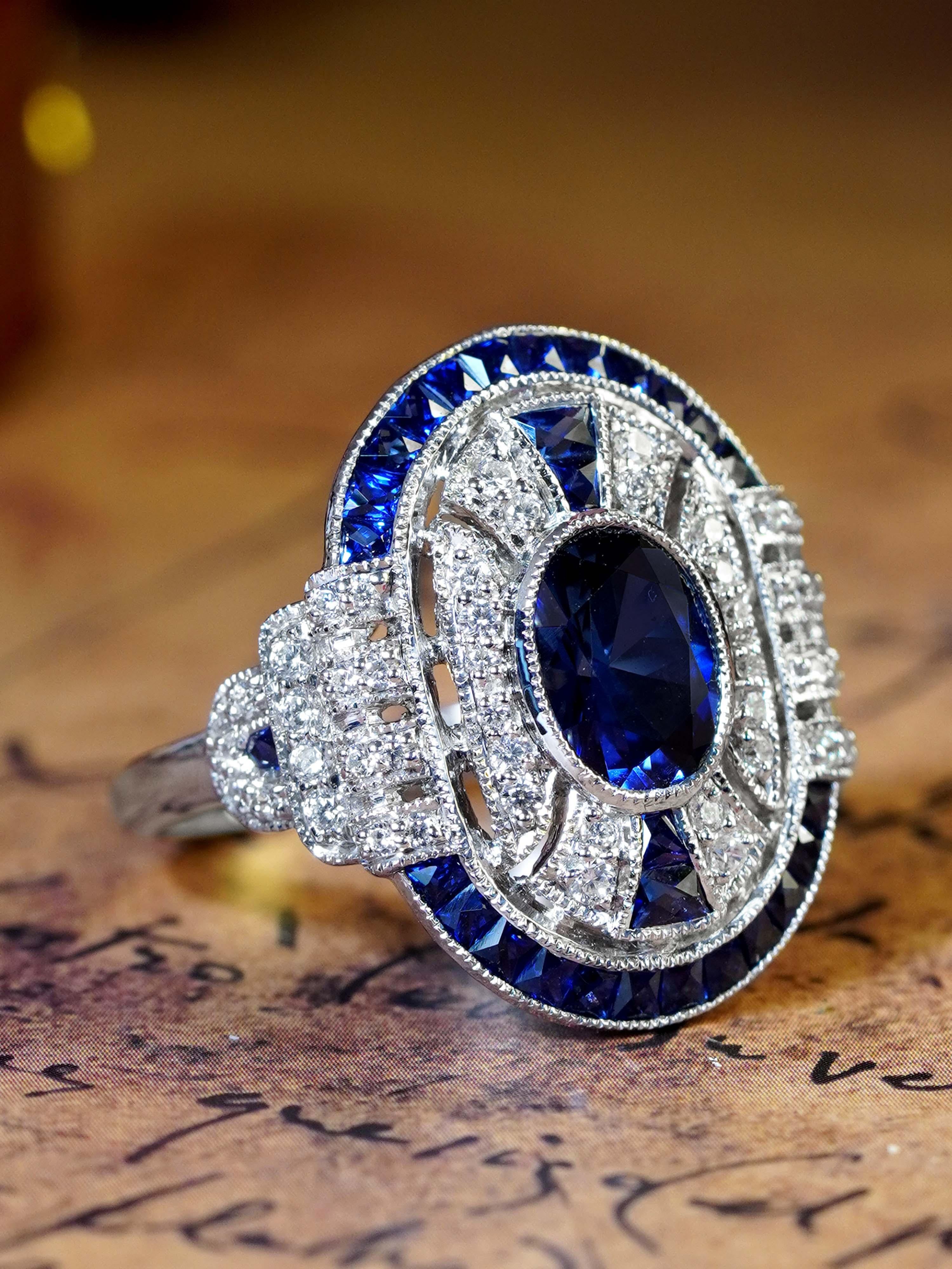 Anello di fidanzamento in stile Art Deco con zaffiro di Ceylon e diamanti in oro bianco 18 carati In condizioni Nuovo in vendita a Bangkok, TH