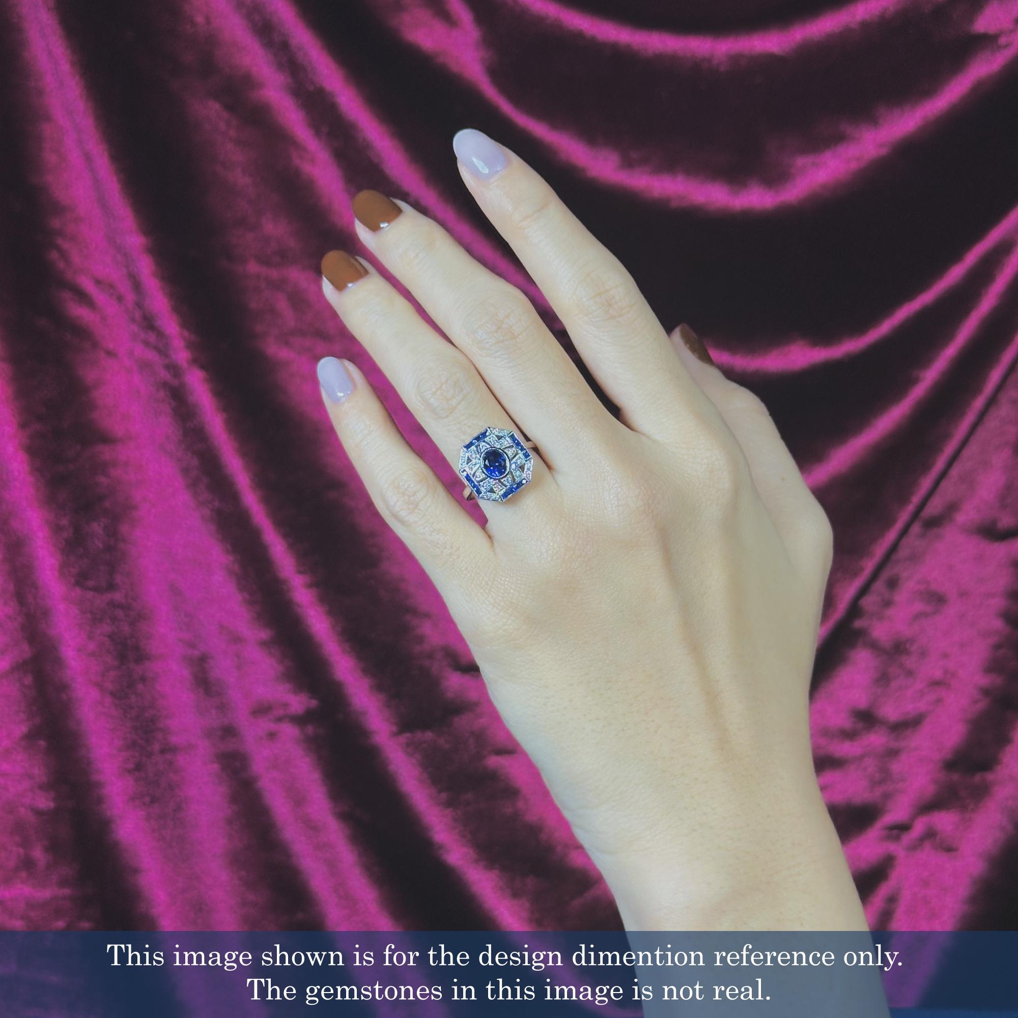 Ceylon Sapphire and Diamond Art Deco Style Engagement Ring in 18K White Gold For Sale 7