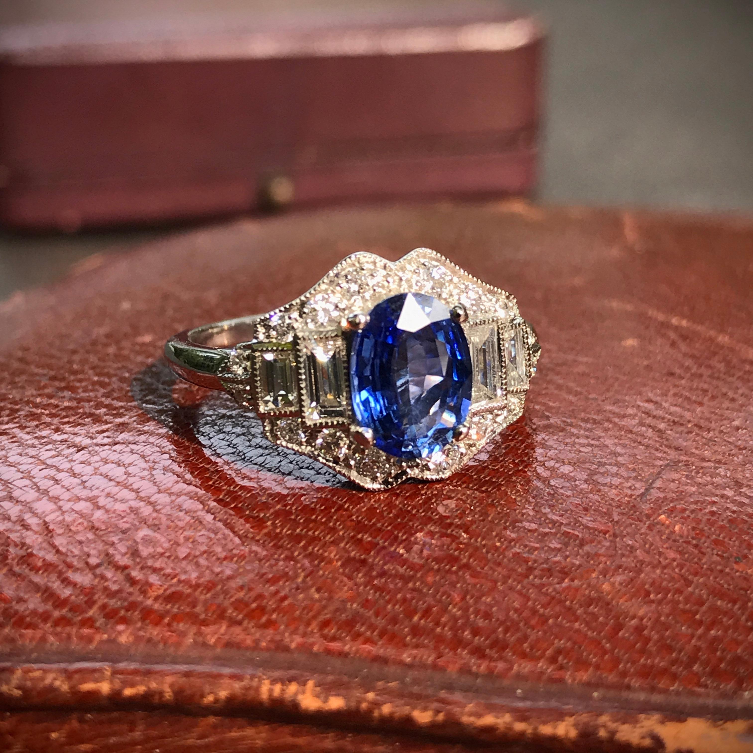 Oval Cut Ceylon Sapphire and Diamond Art Deco Style Engagement Ring in 18k White Gold