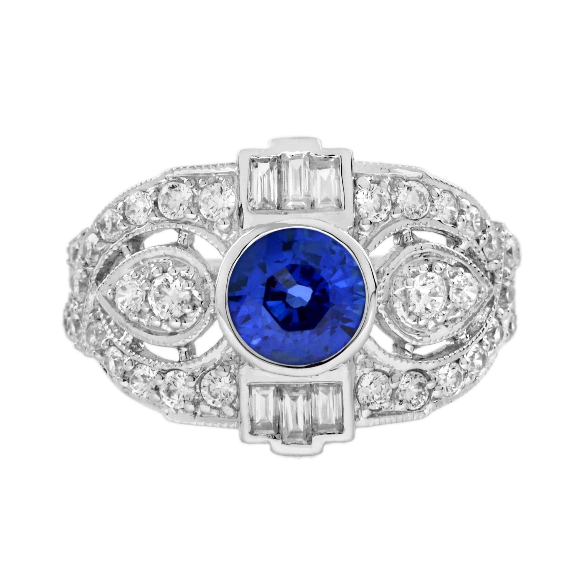 Ceylon Sapphire and Diamond Art Deco Style Engagement Ring in 18K White Gold