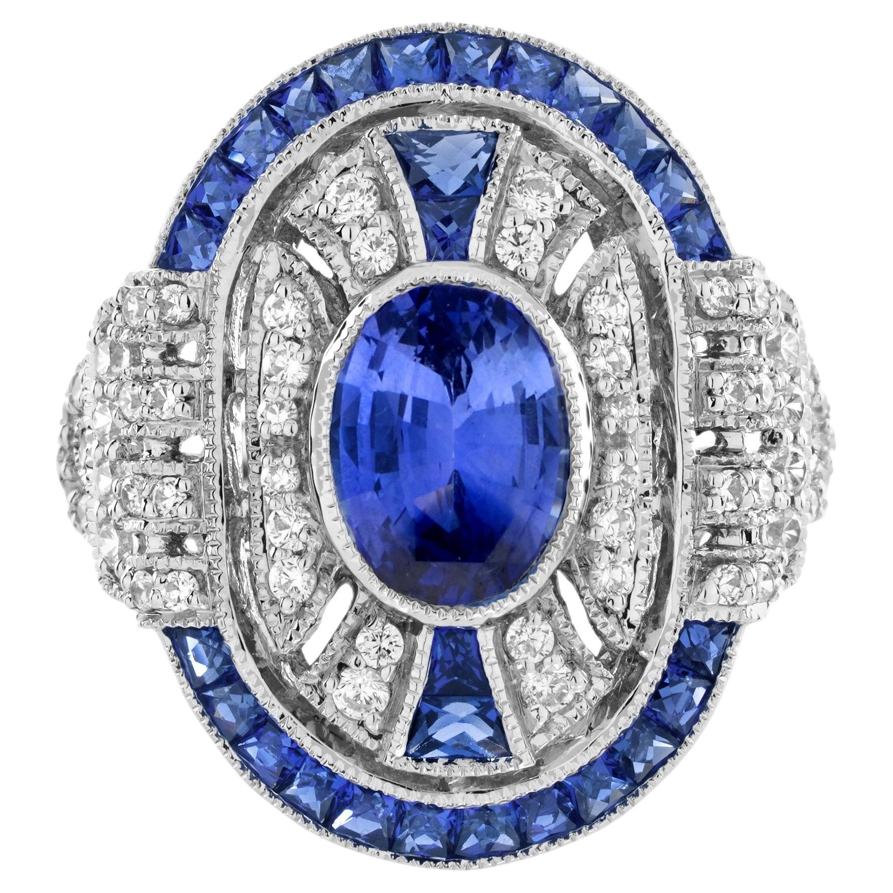 Anillo de compromiso de zafiro de Ceilán y diamantes estilo Art Déco en oro blanco de 18 quilates