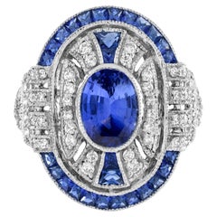 Anillo de compromiso de zafiro de Ceilán y diamantes estilo Art Déco en oro blanco de 18 quilates