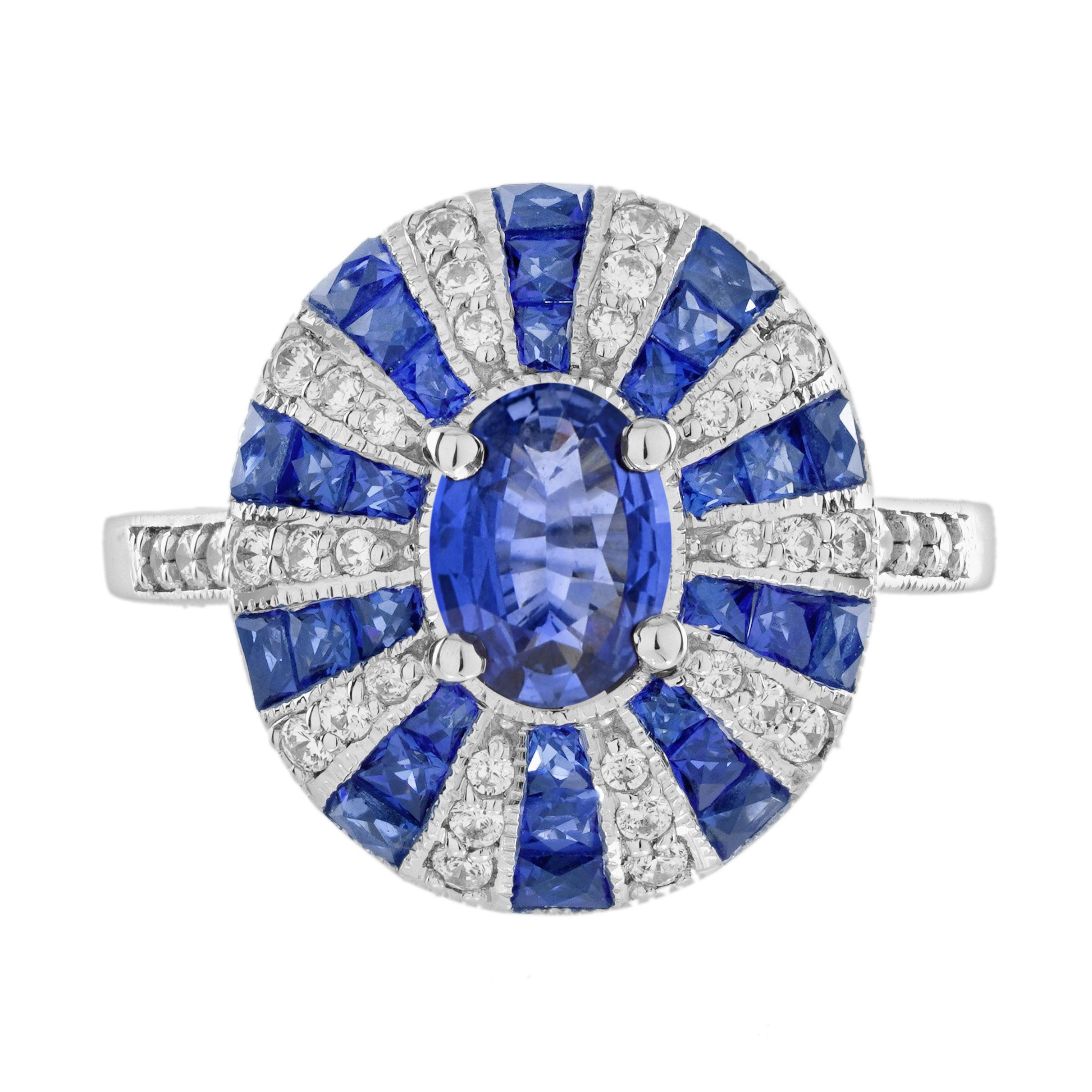 Compromiso de zafiro de Ceilán y diamantes estilo Art Decó  Anillo de oro blanco de 18 quilates