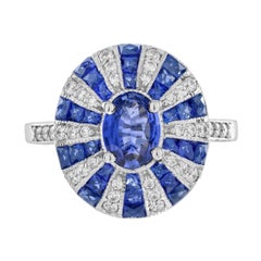 Fidanzamento in stile Art Deco con zaffiro e diamante di Ceylon  Anello in oro bianco 18 carati