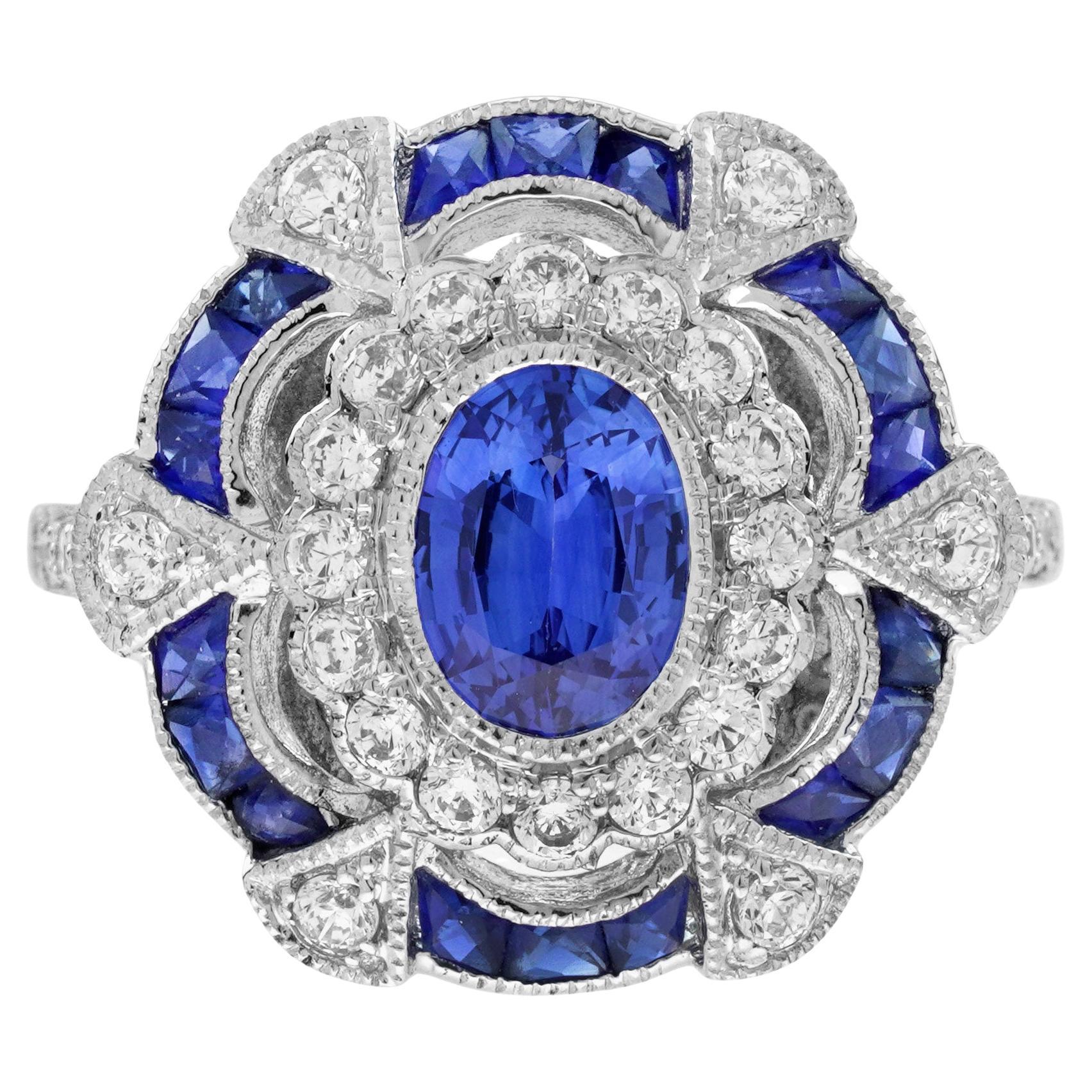 Anello di fidanzamento in stile Art Deco con zaffiro di Ceylon e diamanti in oro bianco 18 carati