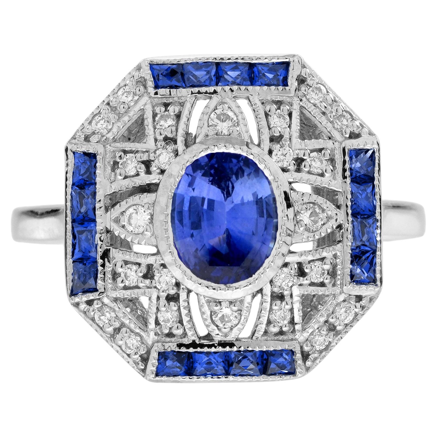 Ceylon Sapphire and Diamond Art Deco Style Engagement Ring in 18K White Gold