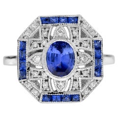 Ceylon Sapphire and Diamond Art Deco Style Engagement Ring in 18K White Gold