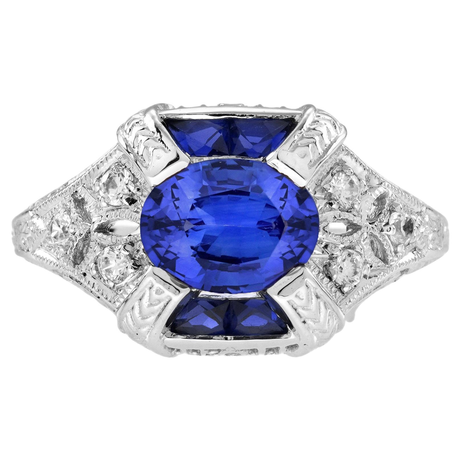 Bague de fiançailles en or 18 carats, saphir de Ceylan et diamant, style Art déco, filigrane