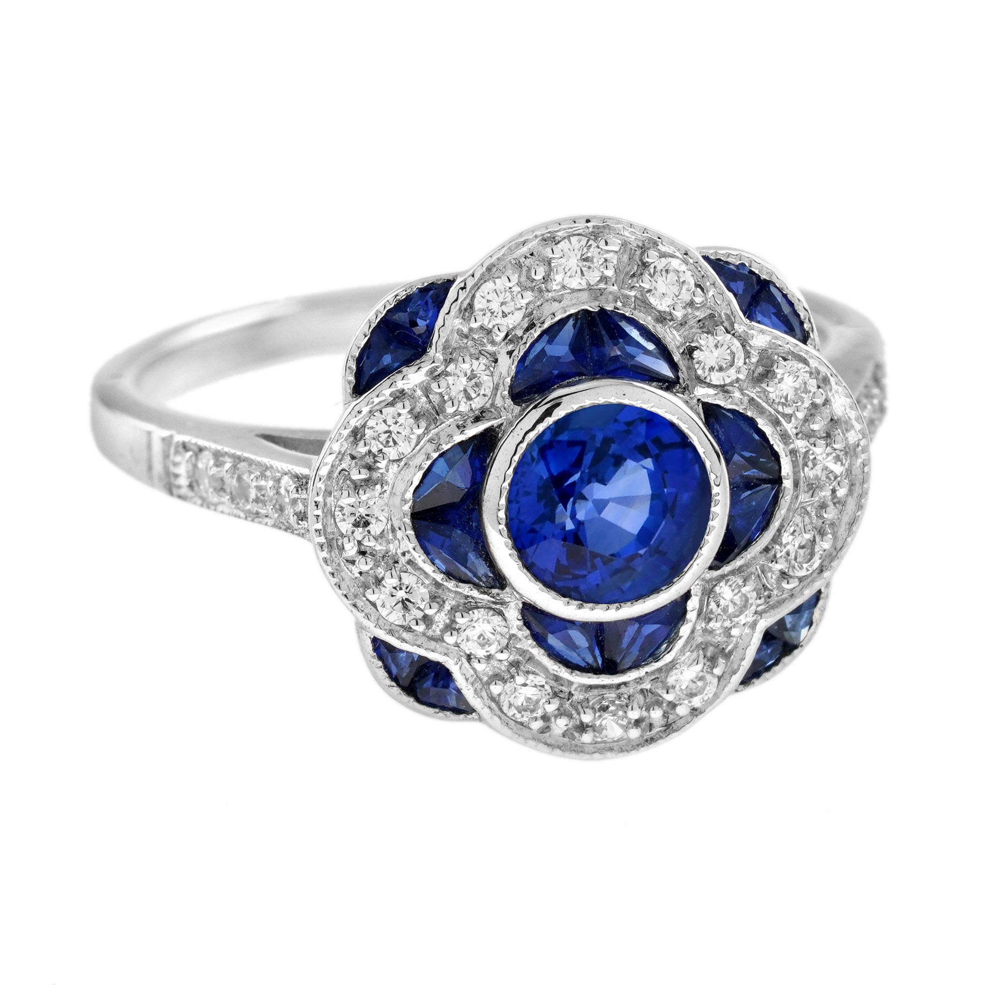 For Sale:  Ceylon Sapphire and Diamond Art Deco Style Floral Halo Ring in 18K White Gold 3