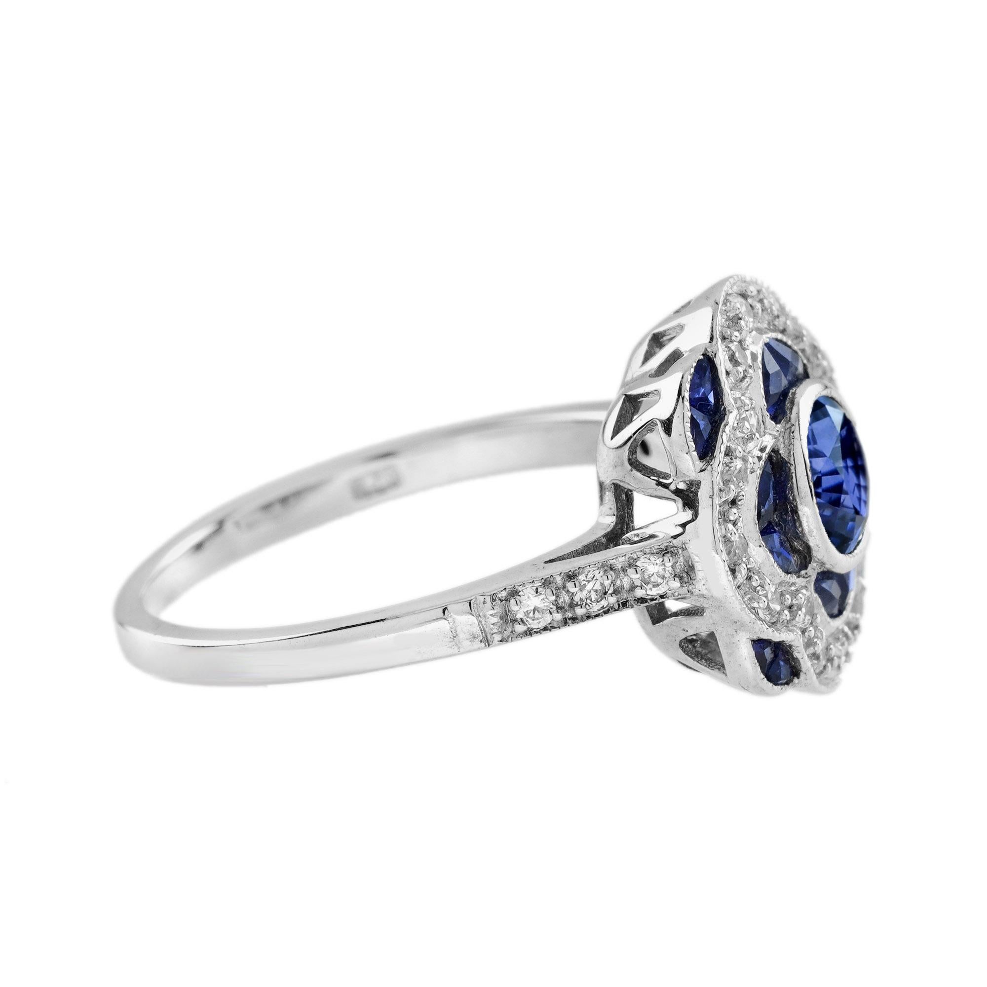 For Sale:  Ceylon Sapphire and Diamond Art Deco Style Floral Halo Ring in 18K White Gold 4