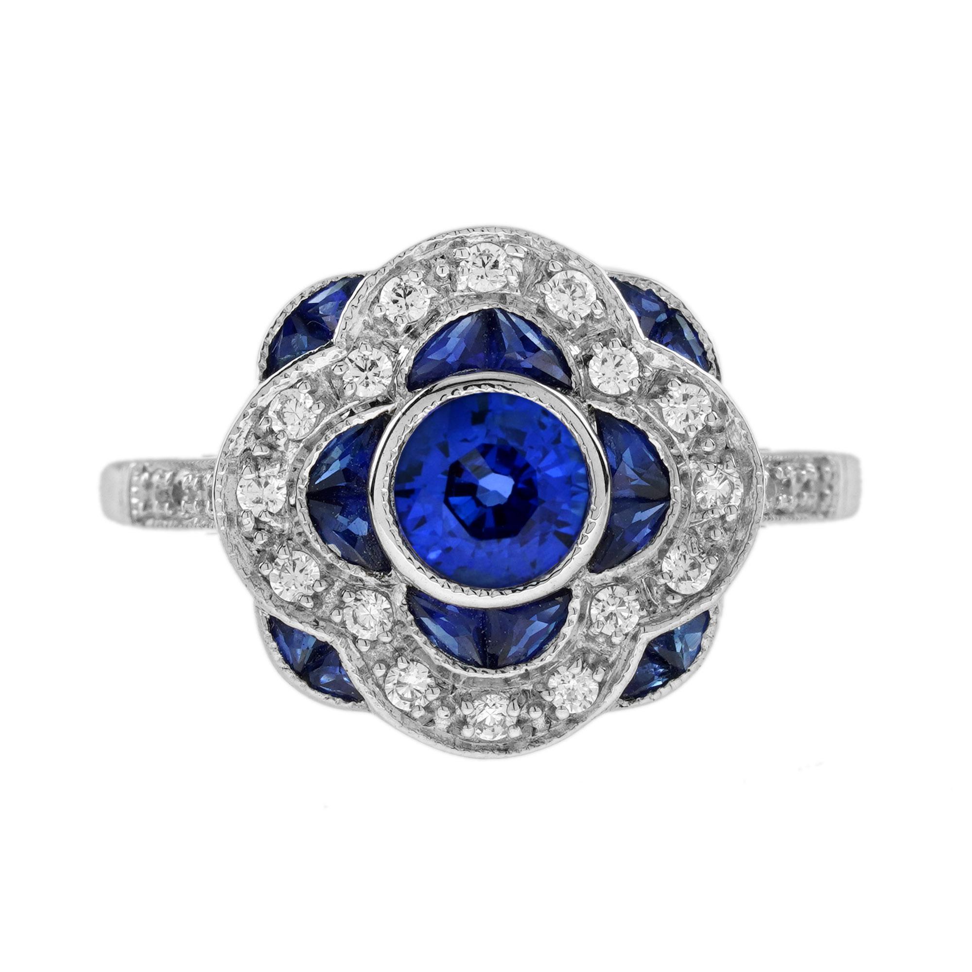 For Sale:  Ceylon Sapphire and Diamond Art Deco Style Floral Halo Ring in 18K White Gold