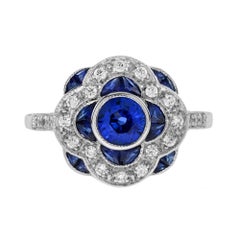 Ceylon Sapphire and Diamond Art Deco Style Floral Halo Ring in 18K White Gold
