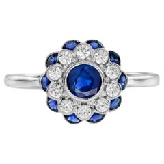 Ceylon Sapphire and Diamond Art Deco Style Floral Ring in 18K White Gold