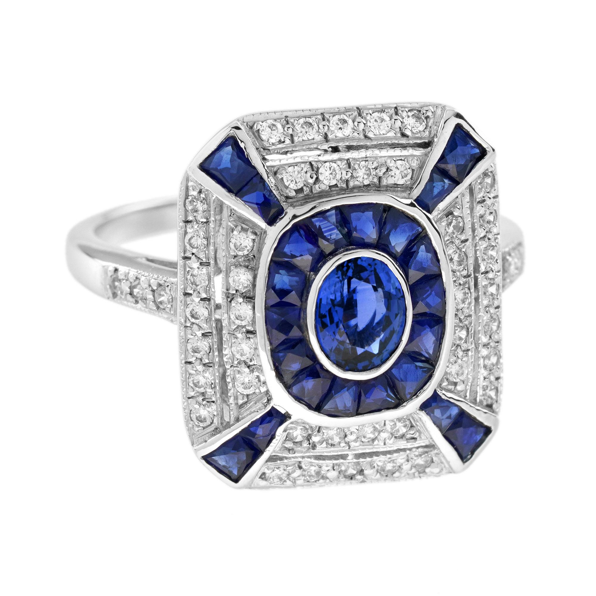 For Sale:  Ceylon Sapphire and Diamond Art Deco Style Halo Ring in 18K White Gold 3