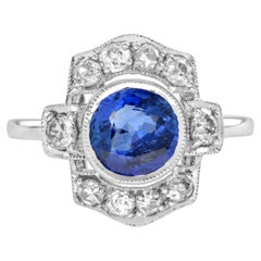 ceylon sapphire surfside Ceylon Sapphire and Diamond Art Deco Style Halo Ring in 18K White Gold